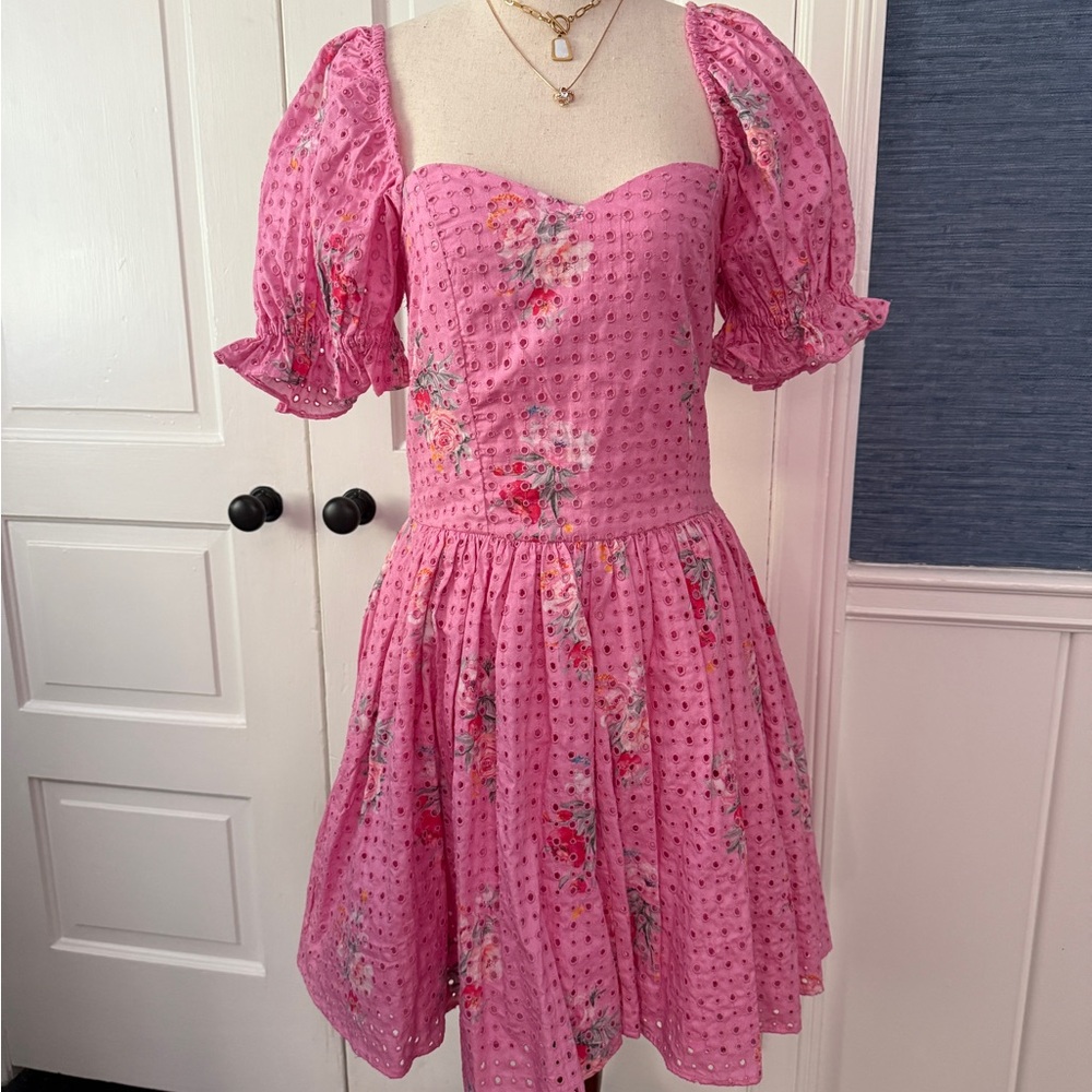 LoveShackFancy Pink and White Puff Sleeve Mini Dress
